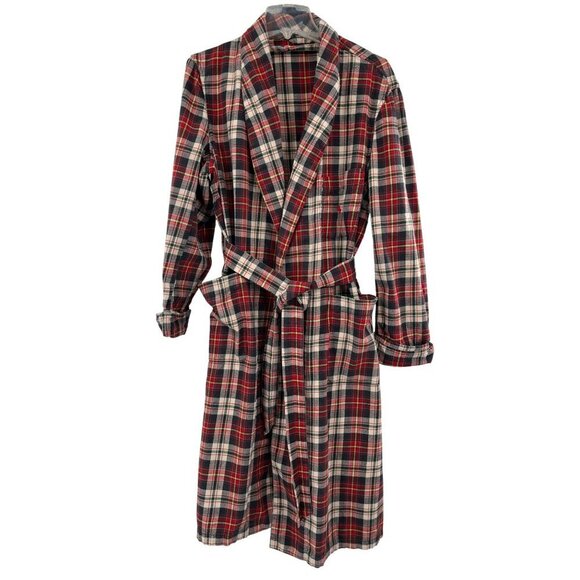 Ralph Lauren Plaid Flannel Robe Red & Green Check Pattern Belted Long Sleeve M - Picture 1 of 6